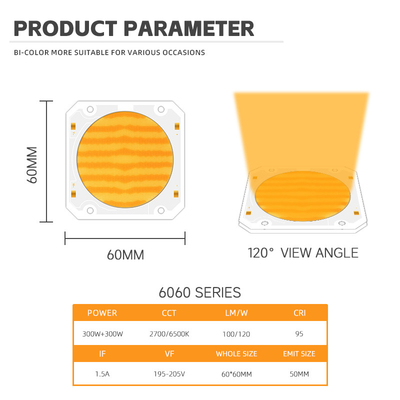 Alta potencia Bi Color 300W 6060 Flip Chip Cob Custom Led Chip para la luz comercial Led Luz de escenario