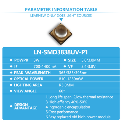 3W UVA LED Chip 365nm longitud de onda 3.8x3.8mm tamaño
