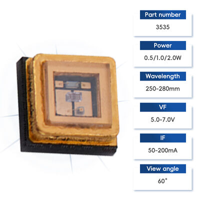Perla de lámpara LED UVC 1W 3535 Esterilización ultravioleta profunda Solidificación Desinfección de armarios Colores de emisión Longitudes de onda 250-280nm